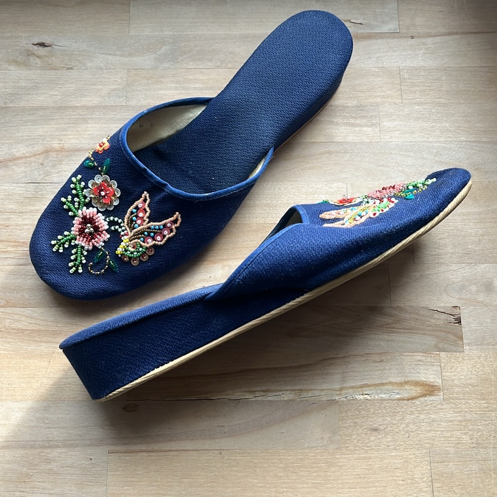 Hand Beaded Blue Floral House Slippers | Vintage Style | Approx Size 8